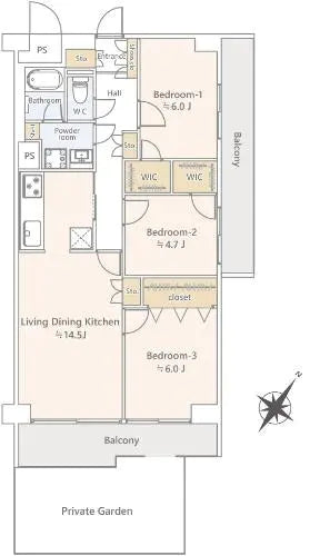 ３LDK with Private Garden + Two-sided Balconies